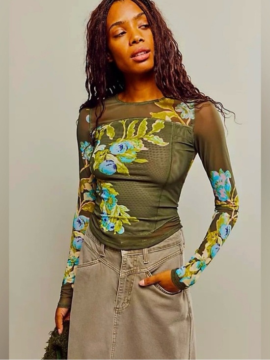 Free People Tops - Free People Moss Betty’s Garden Mesh Top Like New